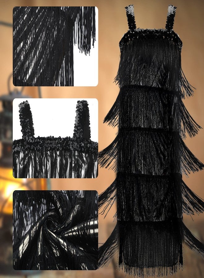 Seematn 4 Pieces Girl's 20s Flapper Dresses Costume Set Feather Headband Fringed Dresses Gloves for Halloween Party(One Size,Black) - Image 3